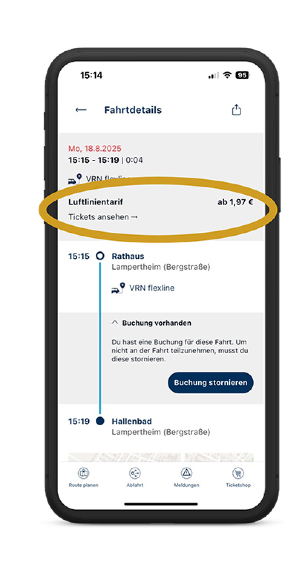 Handybildschirm zeigt die Möglichkeit zur Buchung des Luftlinientarifs an